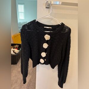 Kimchi Blue Black Cropped Cardigan with Cream Floral Buttons
